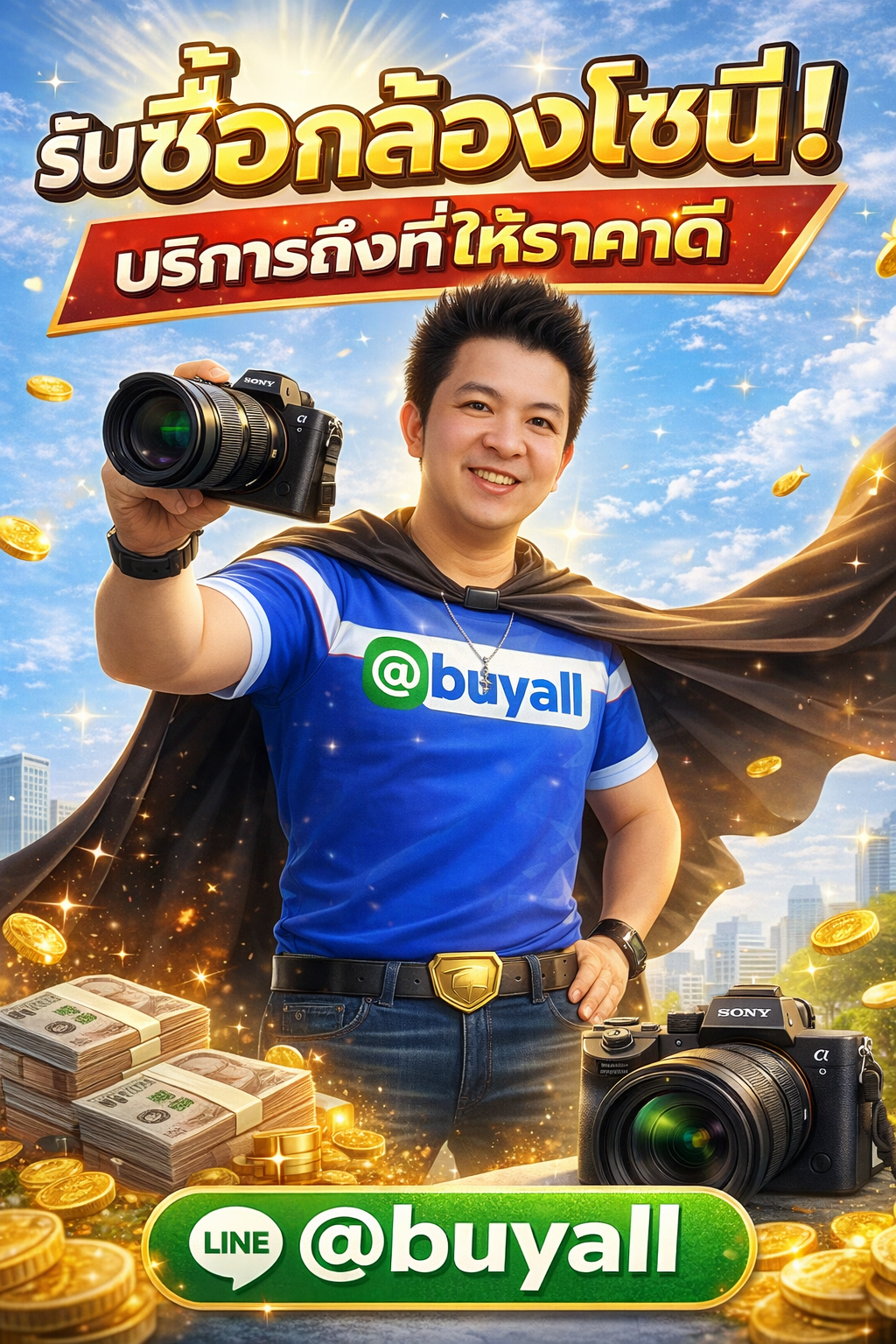 ภาพโปรโมตบริการรับซื้อกล้องโซนี่พร้อมข้อความ Line @buyall
