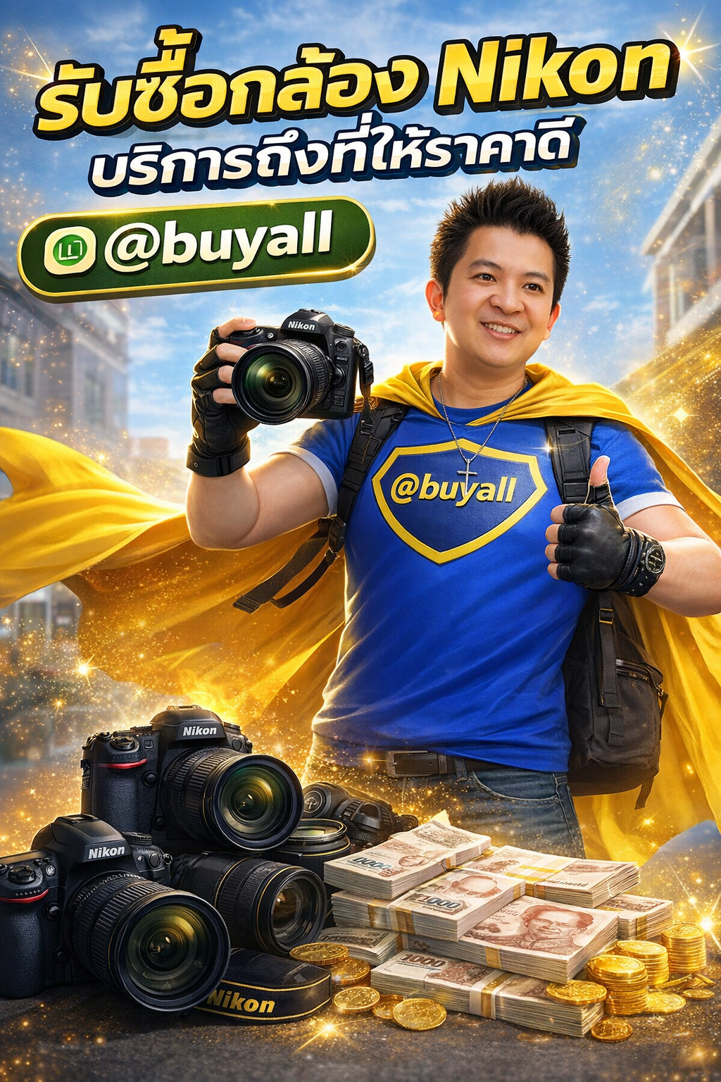 ภาพโปรโมตบริการรับซื้อกล้อง Nikon พร้อมข้อความ Line @buyall