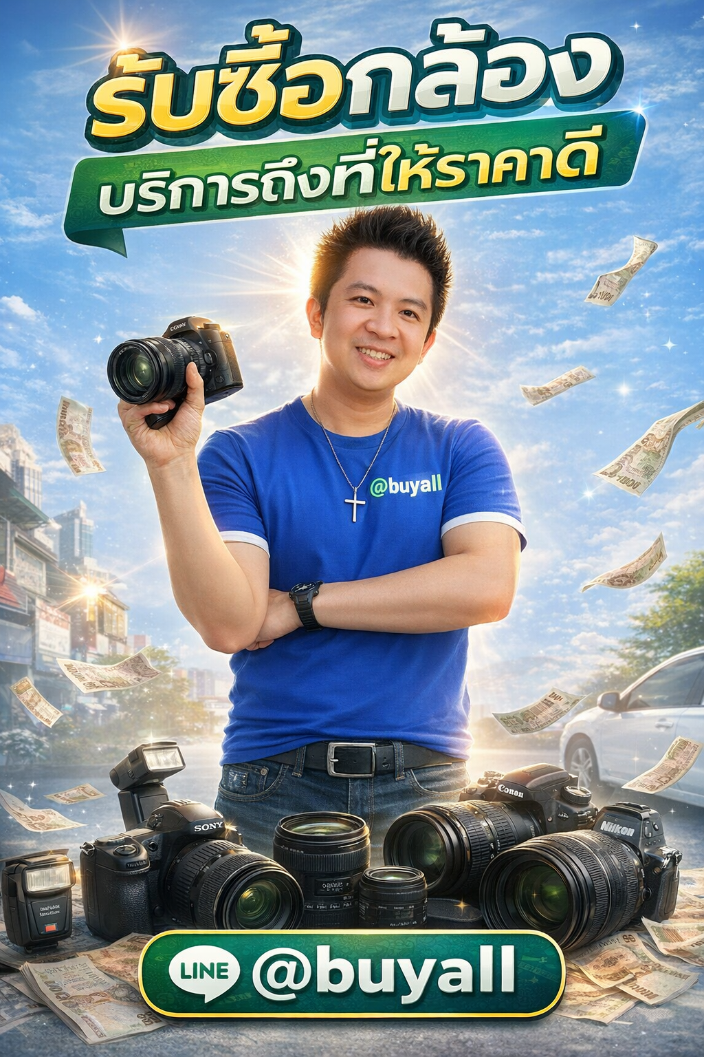 ภาพโปรโมตบริการรับซื้อกล้องพร้อมข้อความ Line @buyall