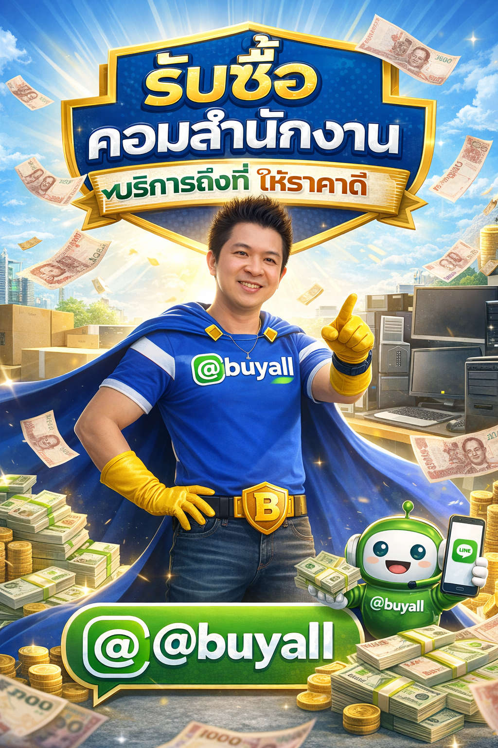 ภาพโปรโมตบริการรับซื้อ คอมสำนักงานพร้อมข้อความ Line @buyall