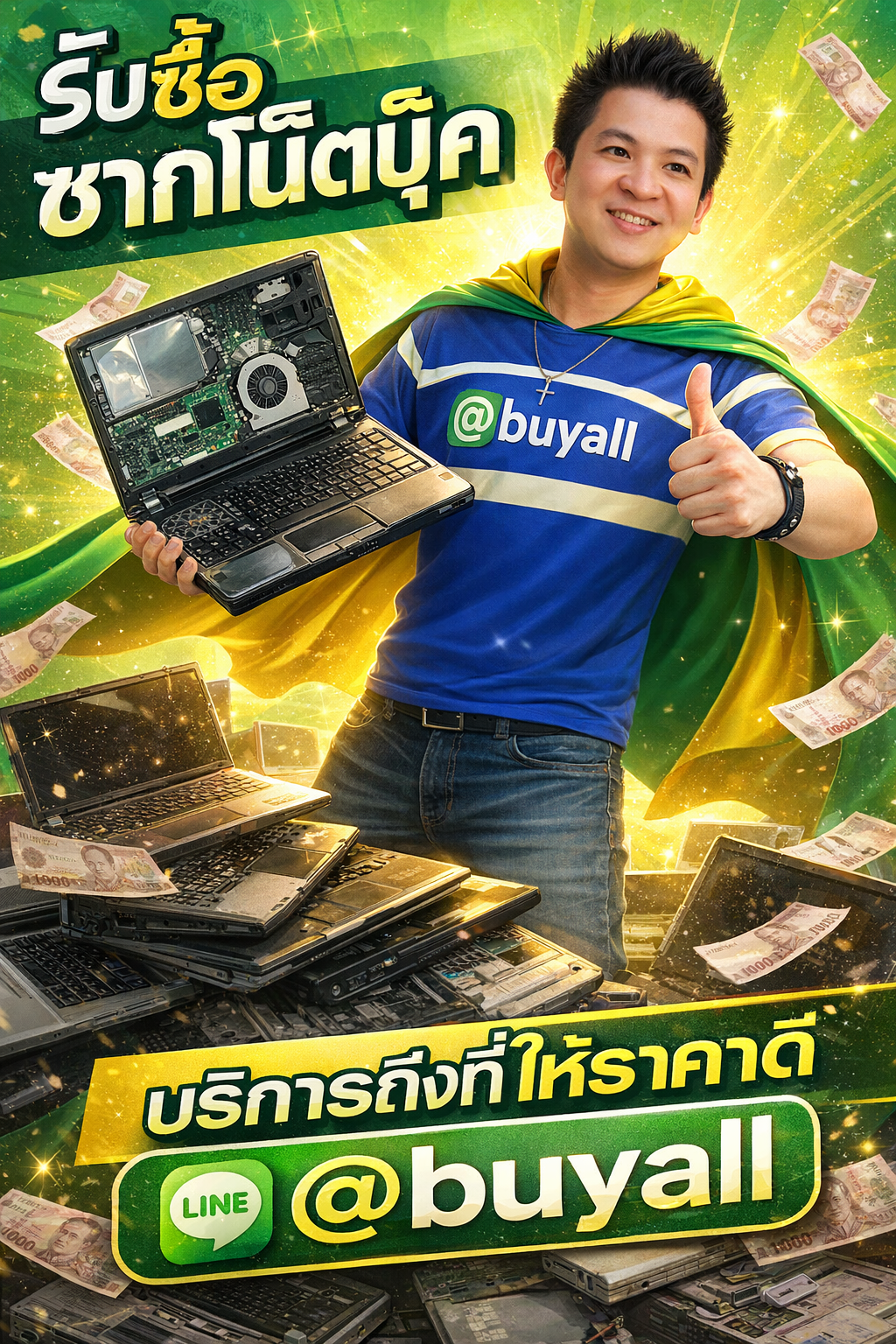 ภาพโปรโมตบริการรับซื้อซากโน๊ตบุ๊คพร้อมข้อความ Line @buyall