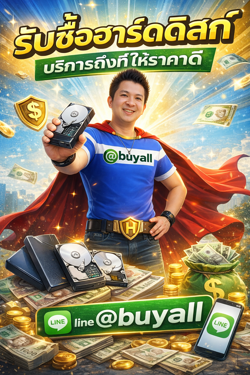 ภาพโปรโมตบริการรับซื้อฮาร์ดดิสก์พร้อมข้อความ Line @buyall
