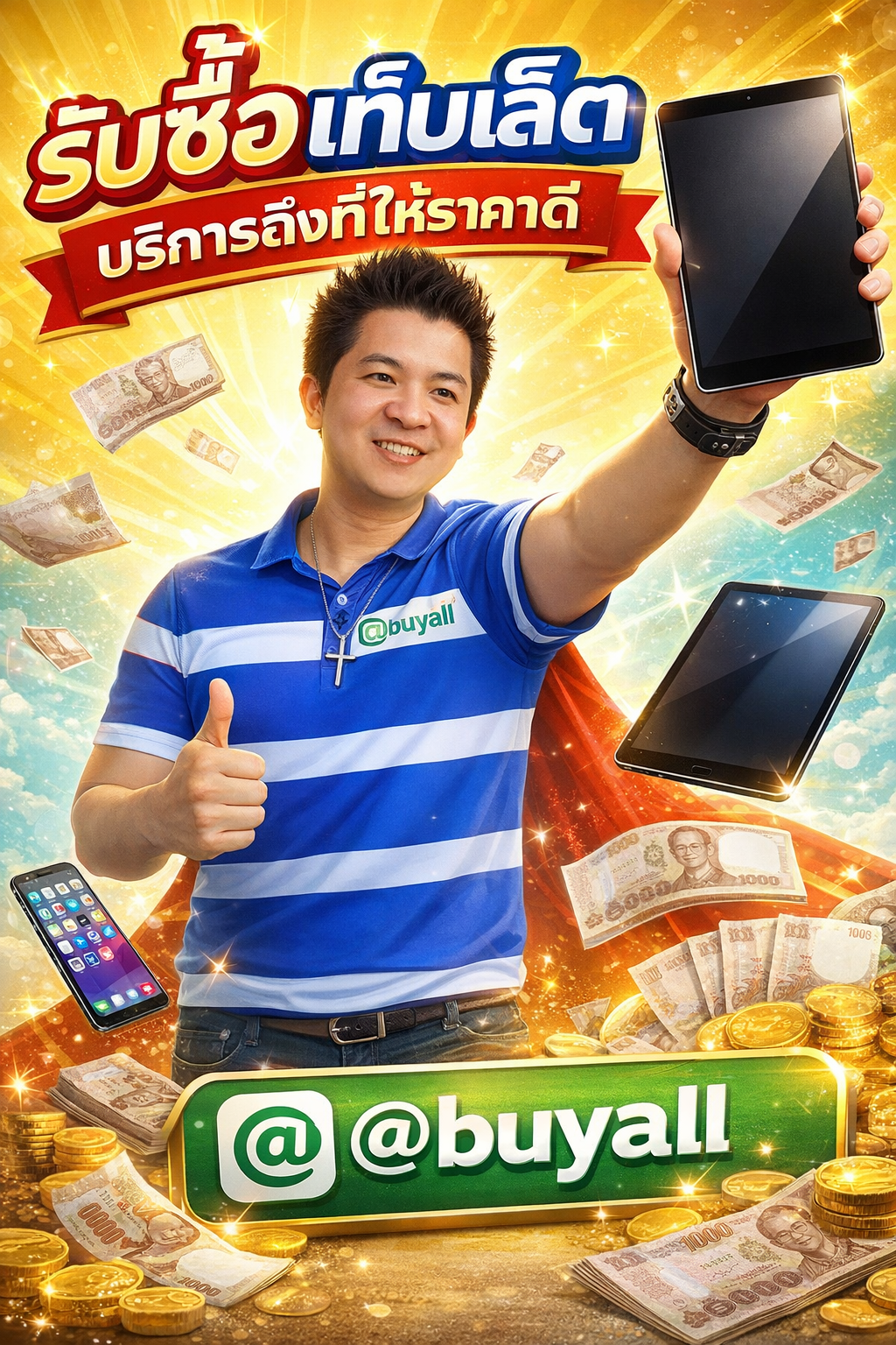 ภาพโปรโมตบริการรับซื้อแท็บเล็ตพร้อมข้อความ Line @buyall