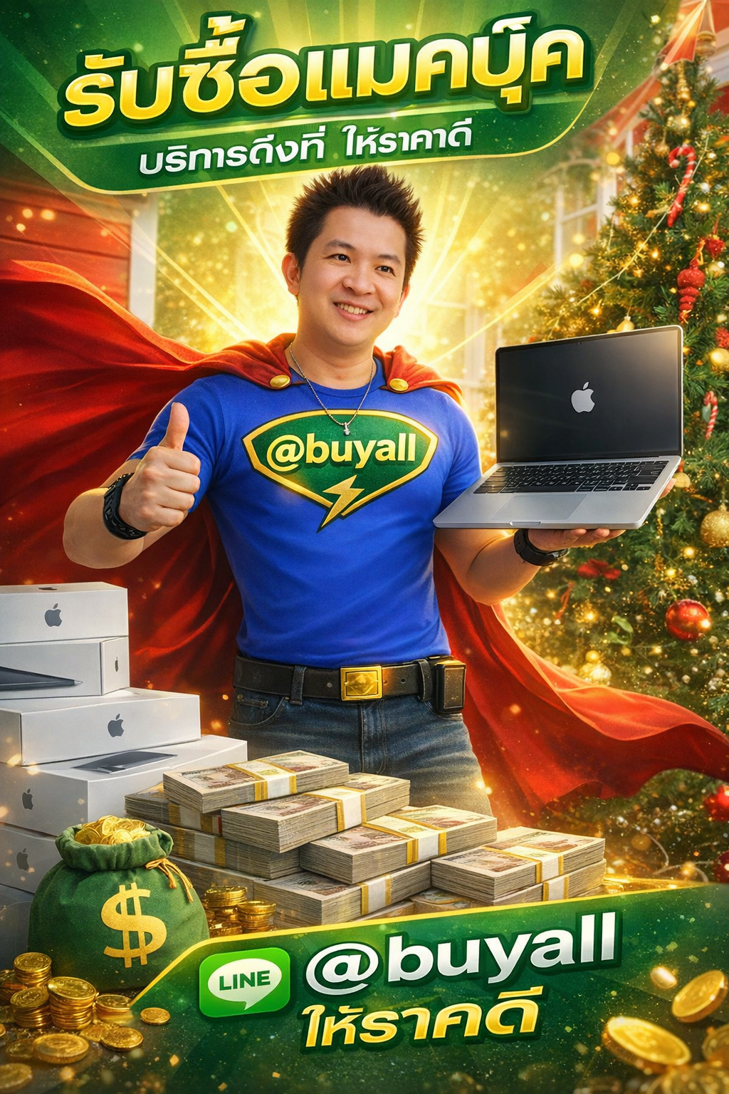 ภาพโปรโมตบริการรับซื้อ แมคบุ๊ค พร้อมข้อความ Line @buyall