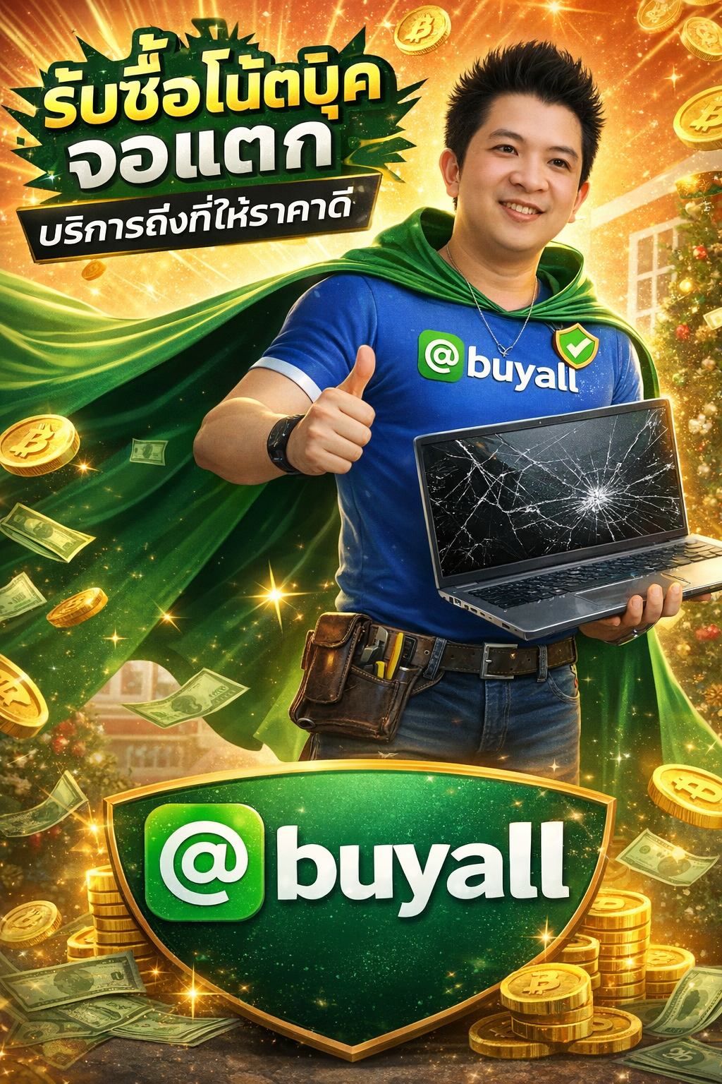 ภาพโปรโมตบริการรับซื้อโน๊ตบุ๊คจอแตก พร้อมข้อมูลติดต่อ Line @buyall