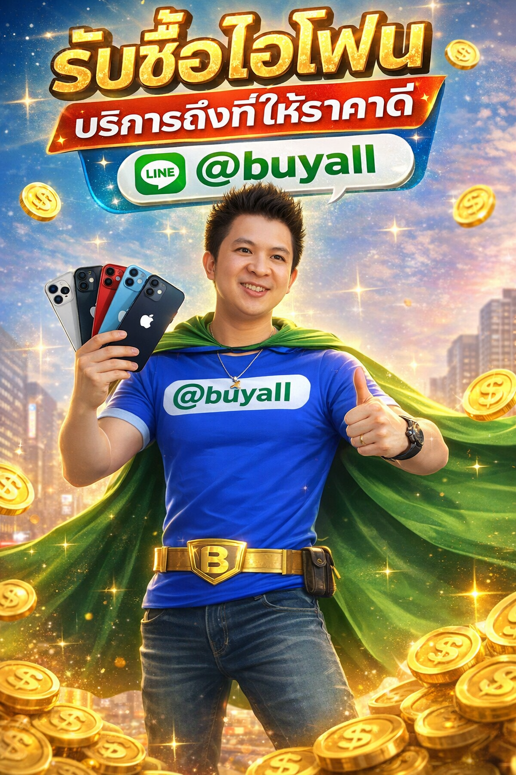 ภาพโปรโมตบริการรับซื้อ ไอโฟน พร้อมข้อความ Line @buyall