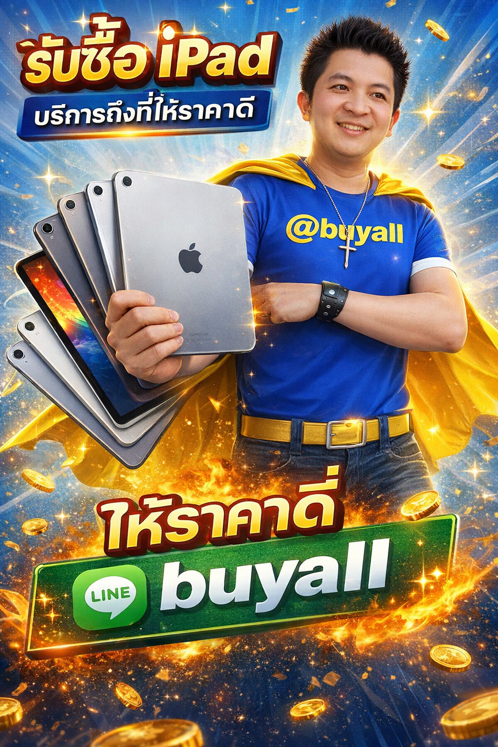ภาพโปรโมตบริการรับซื้อ iPad พร้อมข้อความติดต่อ Line @buyall