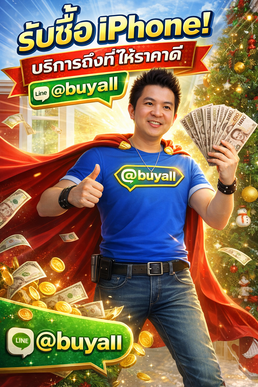ภาพโปรโมตบริการรับซื้อ iPhone พร้อมข้อความ Line @buyall