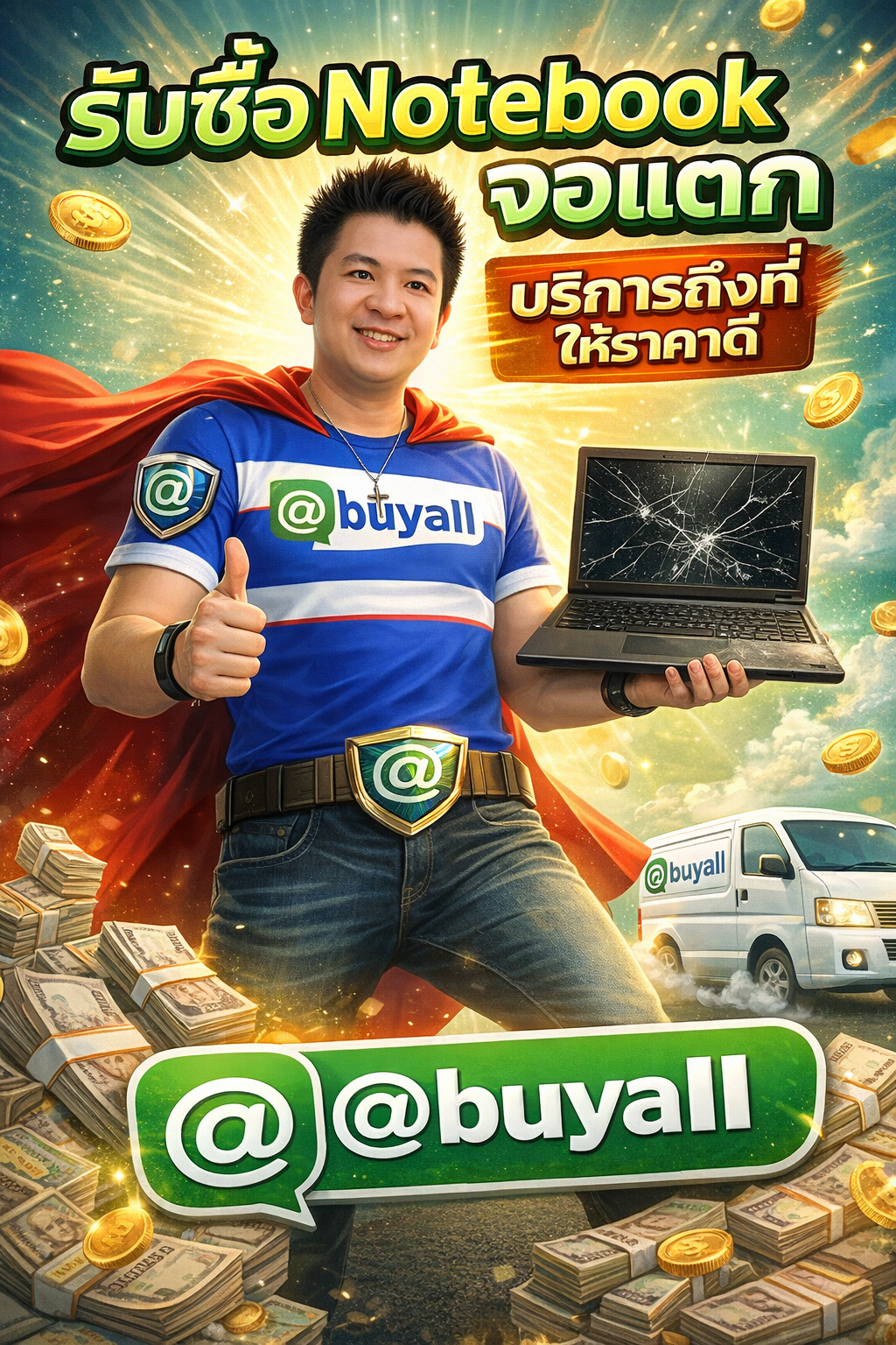 ภาพโปรโมตบริการรับซื้อ Notebook จอแตก พร้อมข้อความ Line @buyall