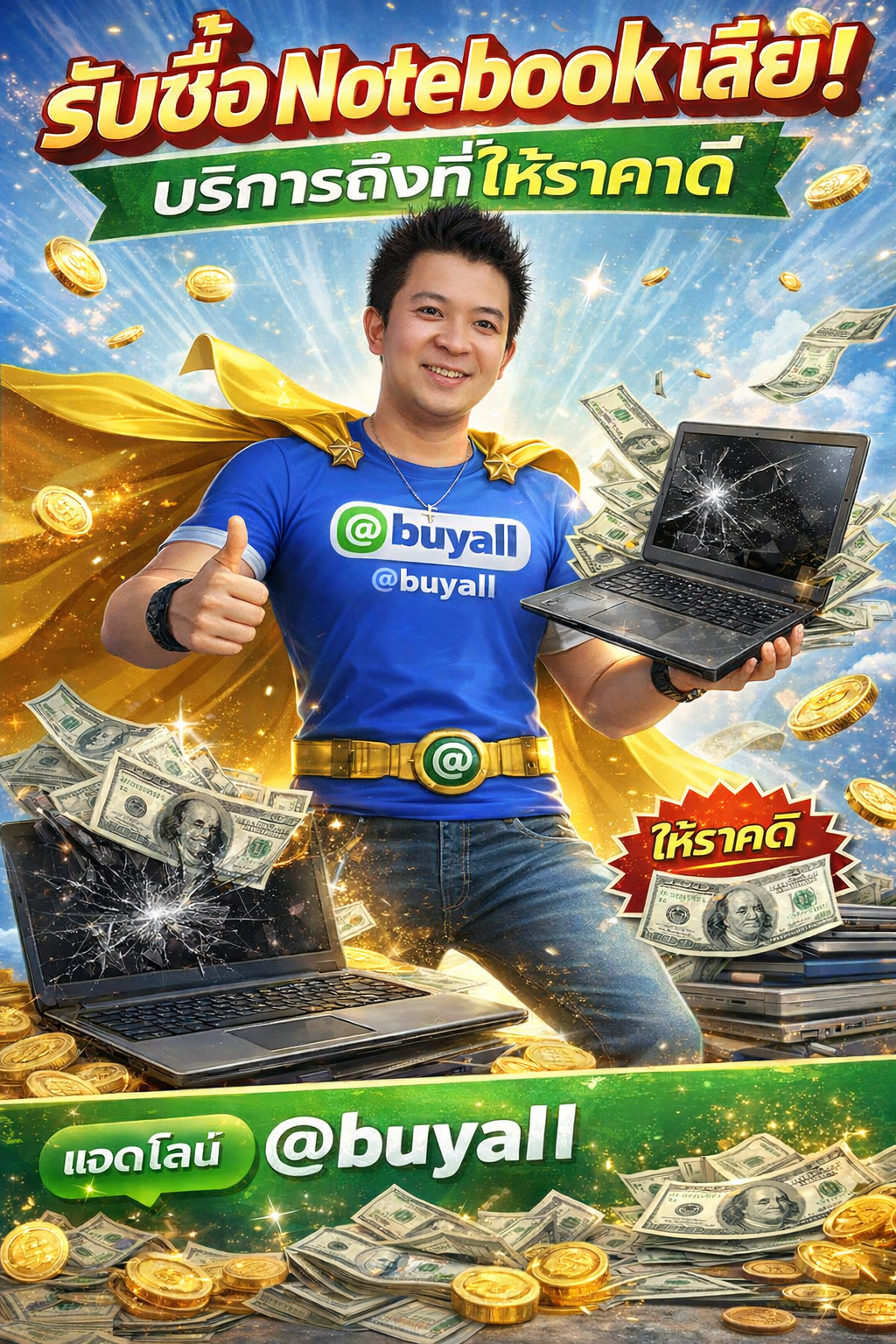 ภาพโปรโมตบริการรับซื้อซาก Notebook พร้อมข้อความ Line @buyall