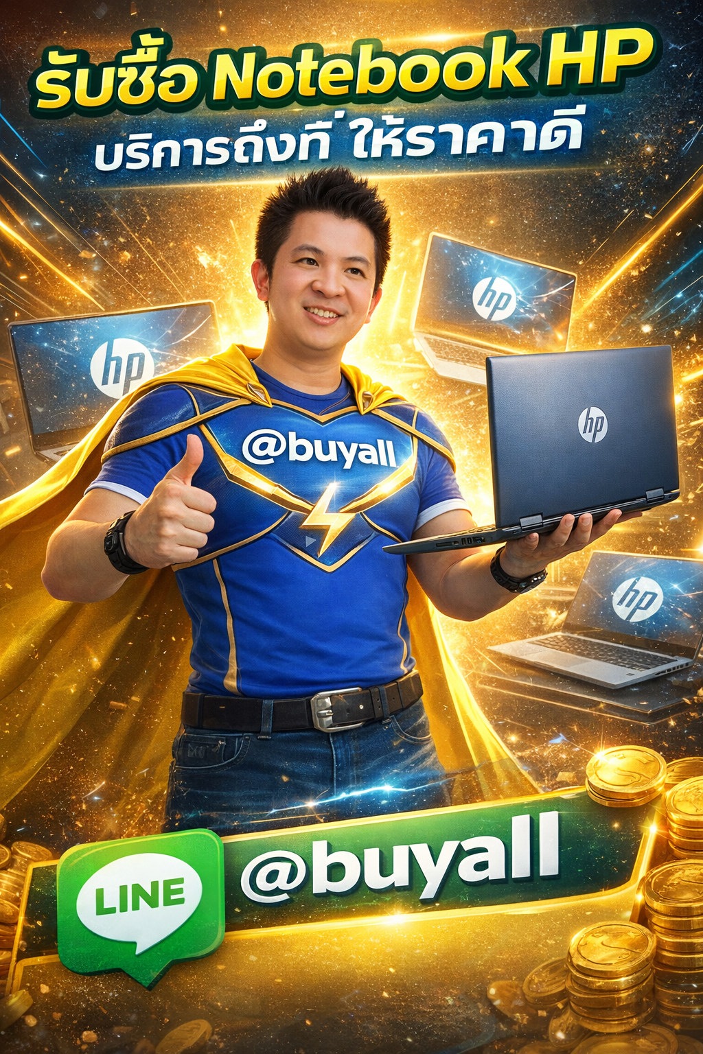 ภาพโปรโมตบริการรับซื้อ Notebook HP พร้อมช่องทางติดต่อ Line @buyall