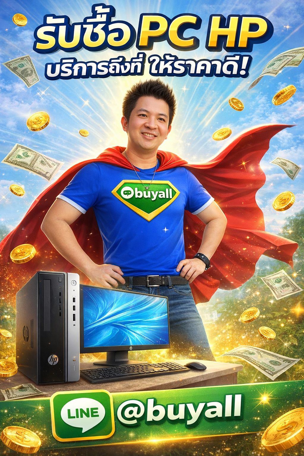 ภาพโปรโมตบริการรับซื้อ PC HP พร้อมข้อความ Line @buyall