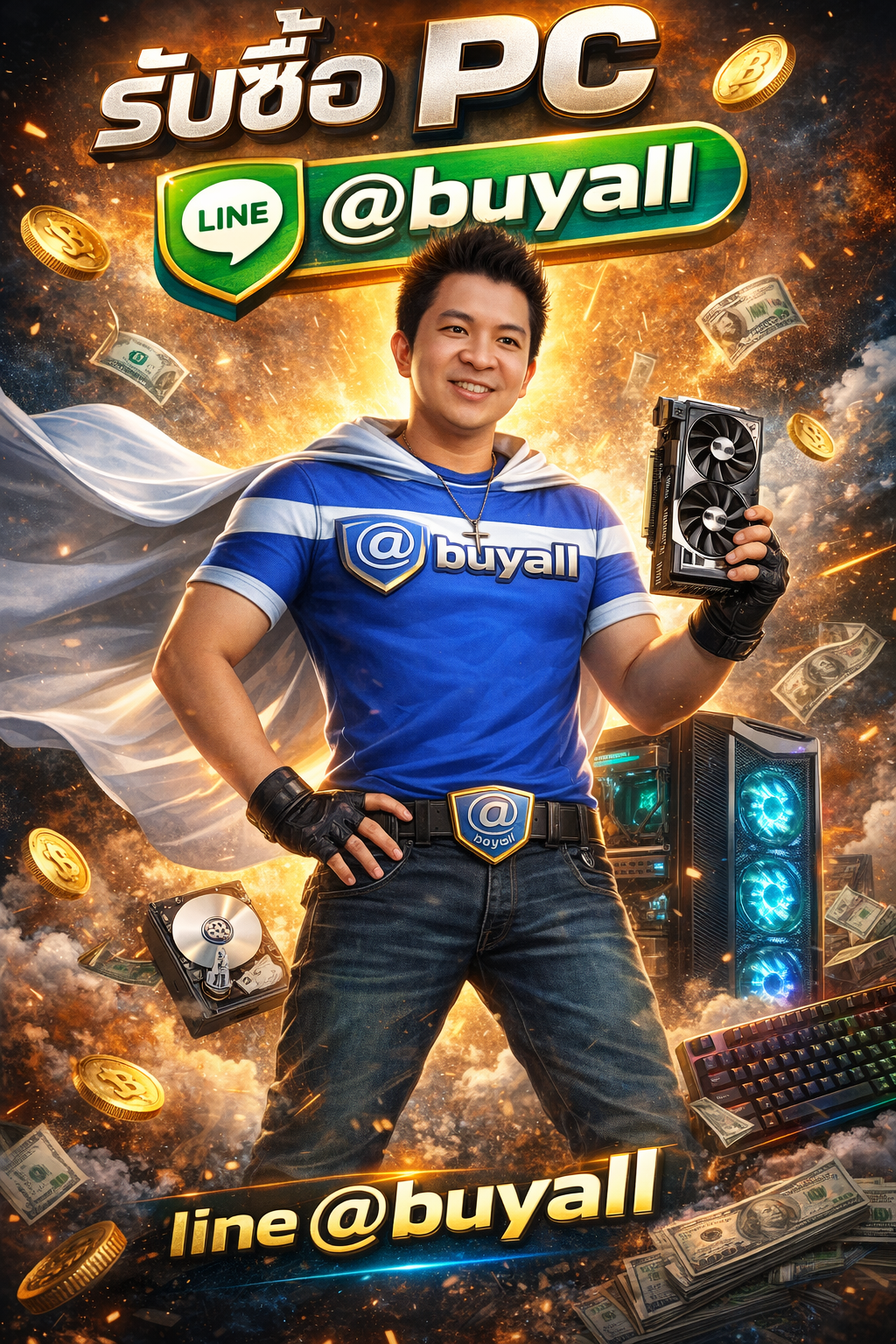 ภาพโปรโมตรับซื้อ PC พร้อมช่องทางติดต่อ Line @buyall