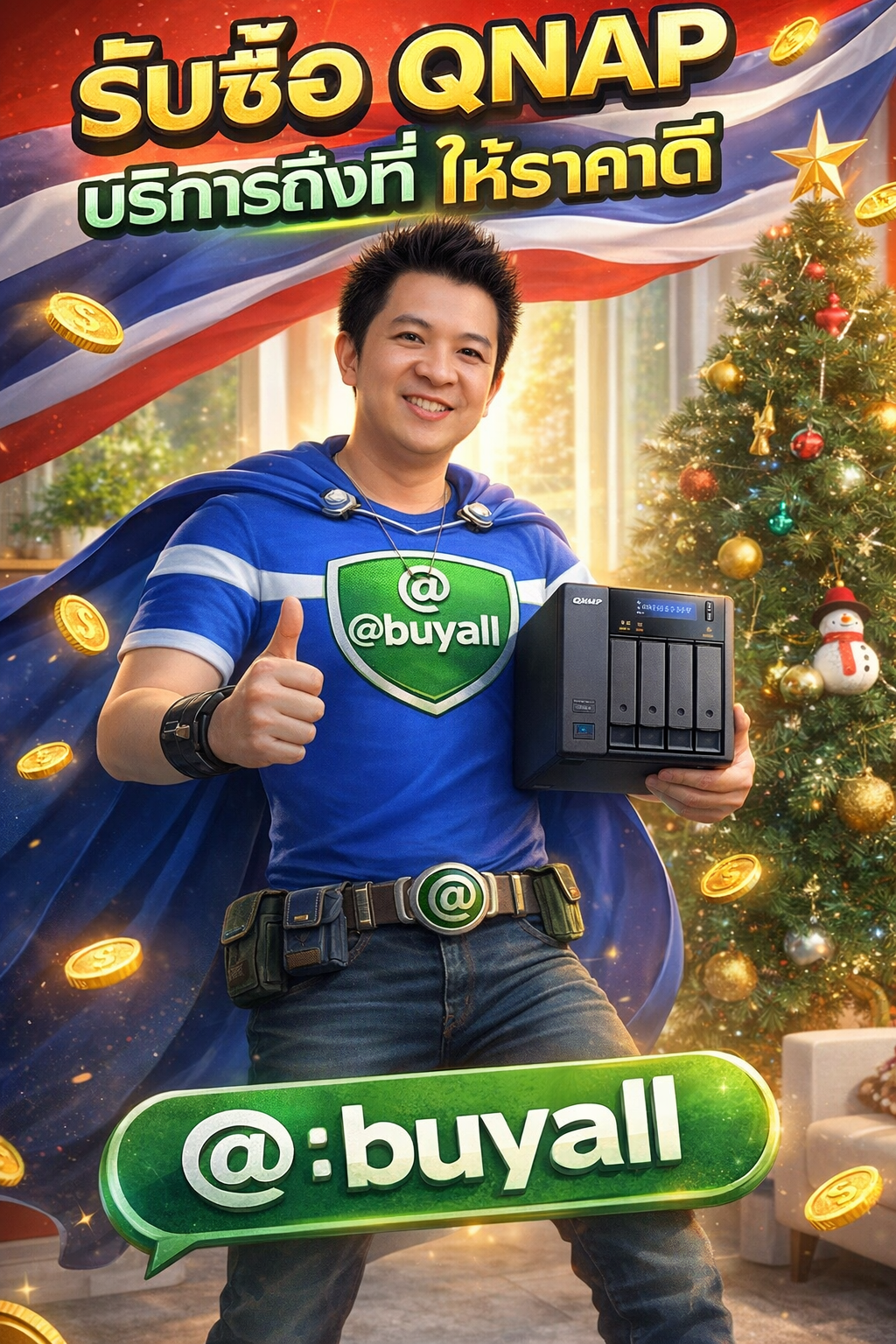 ภาพโปรโมตบริการรับซื้อ QNAP พร้อมข้อความ Line @buyall