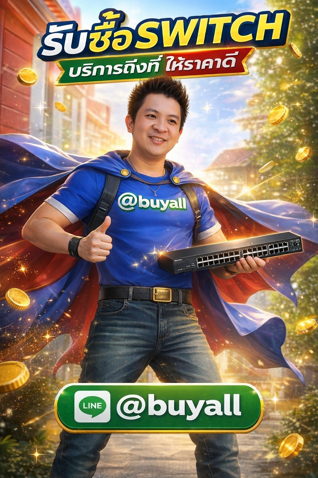 ภาพโปรโมตบริการรับซื้อ Switch พร้อมข้อความติดต่อ Line @buyall