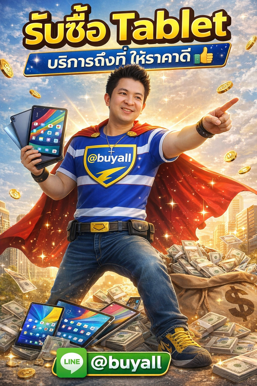 ภาพโปรโมตบริการรับซื้อ Tablet พร้อมข้อความ Line @buyall
