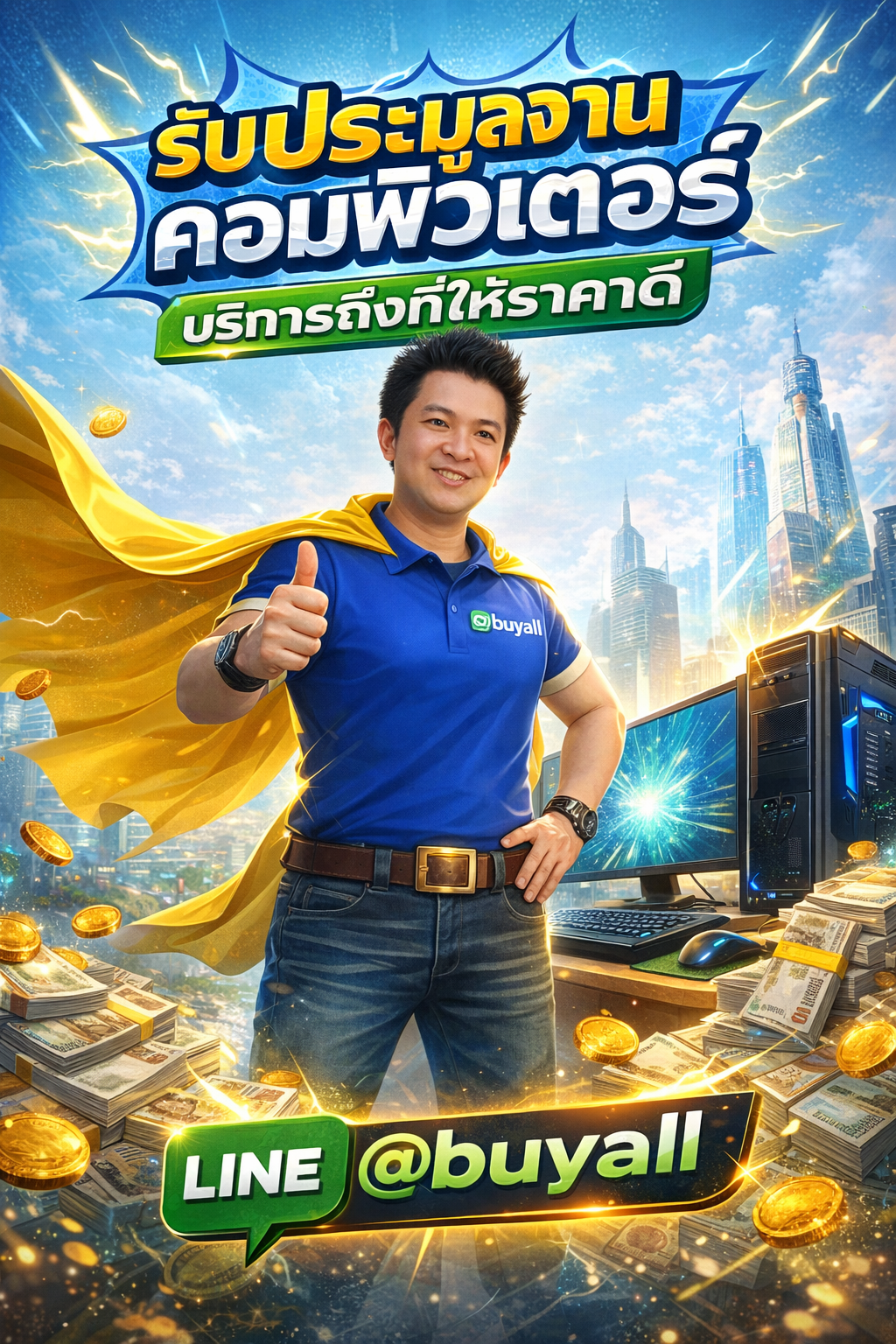 ภาพโปรโมตบริการรับประมูลงานคอมพิวเตอร์พร้อมข้อความ Line @buyall